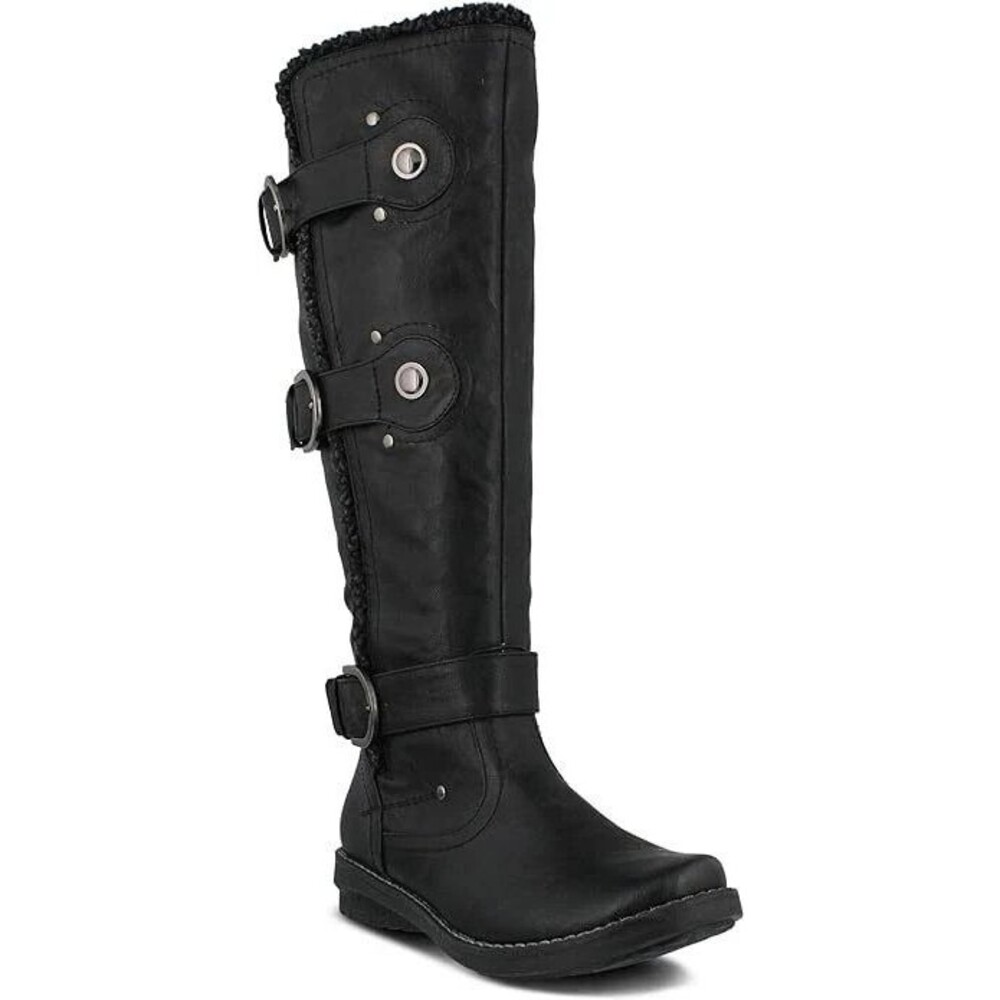 Patrizia Womens Cormac Riding Boot Leather Black Buckle Side Zip Sherpa Lined 40